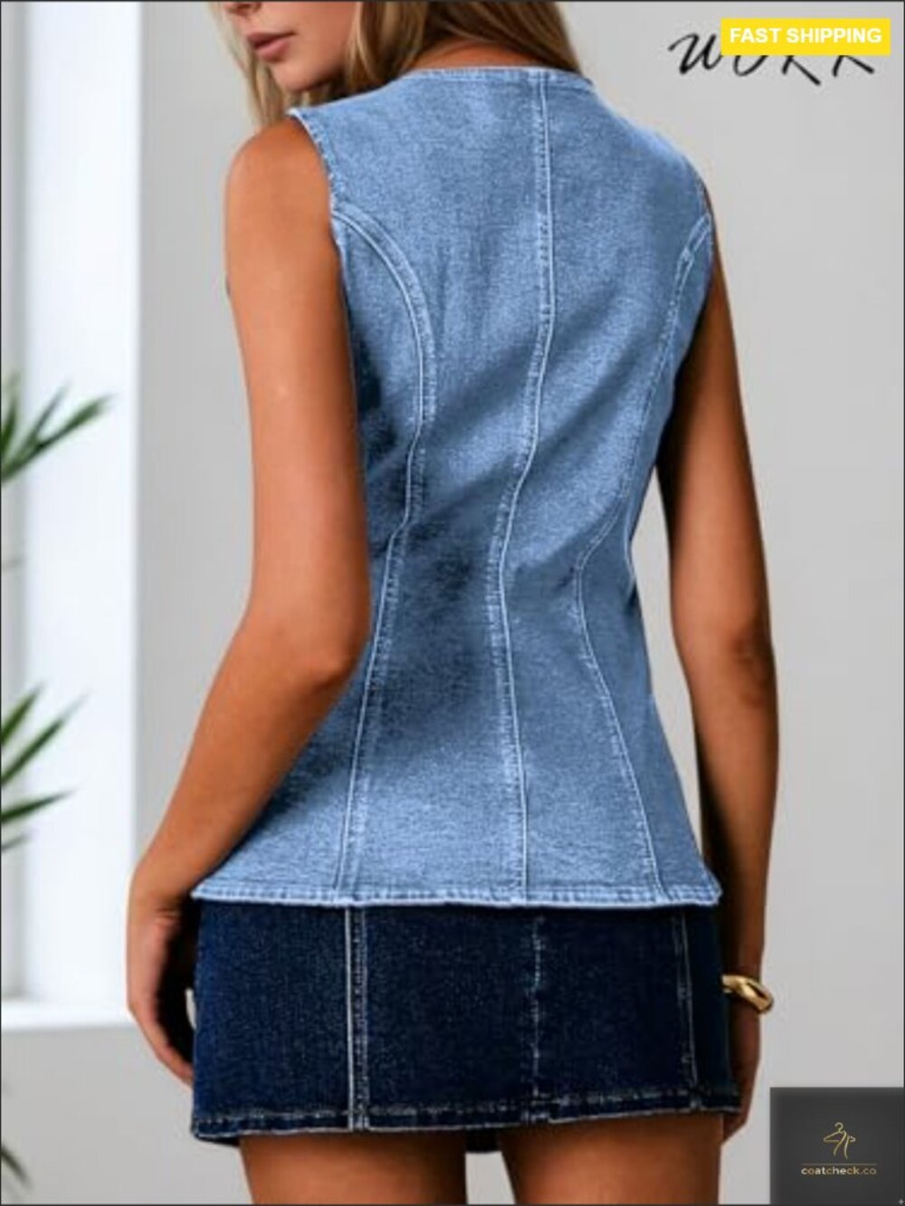 Slim Fit Denim Vest Blazer Sleeveless Crew Neck Button Down Western Y2K - Picture 3 of 7